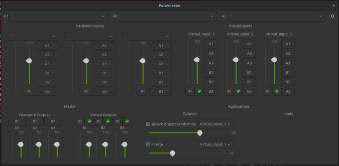 A screenshot of Pulsemeeter, an audio control program for Linux. It's freshly installed. There are several unselected audio devices and six total hardware and software inputs with volume sliders and output toggles.